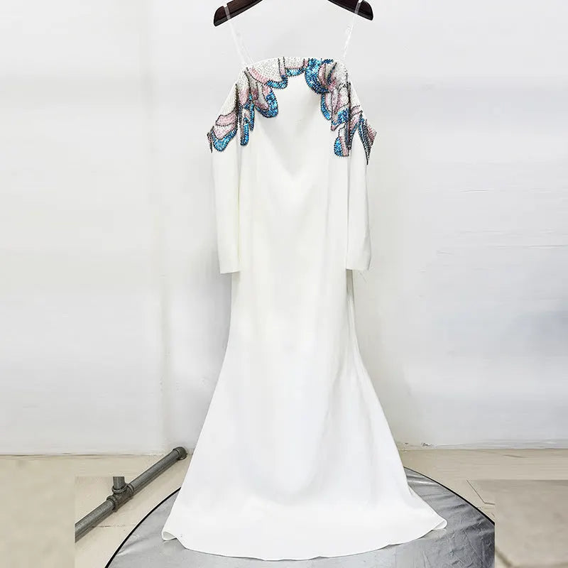 White Off-Shoulder Collars Nails Beads Diamond Maxi Dress Flowering Girl
