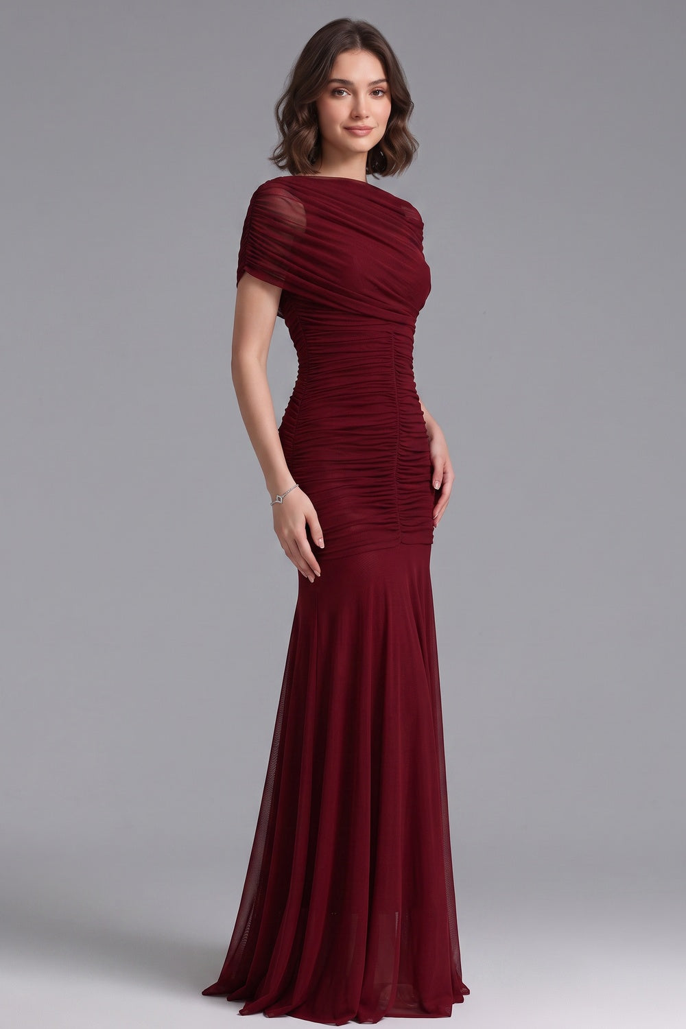 Burgundy Mesh Mermaid Evening Gown Flowering Girl