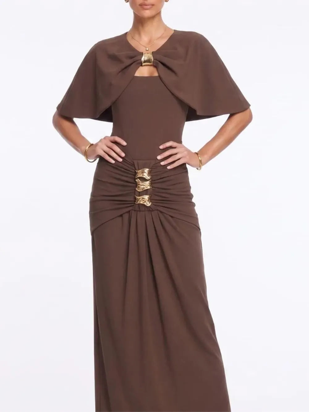 Lyvoria Cape Ruched Maxi Dress Flowering Girl
