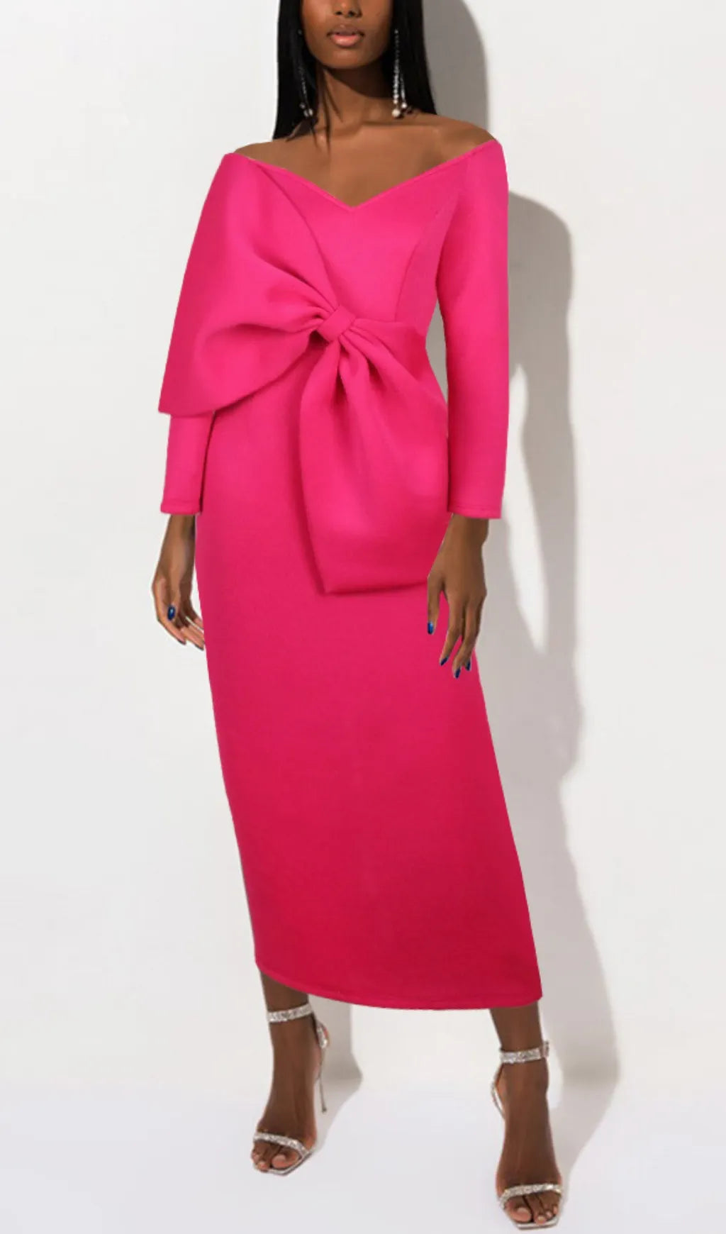 Batan Pink Bow Long Sleeve Midi Dress Flowering Girl
