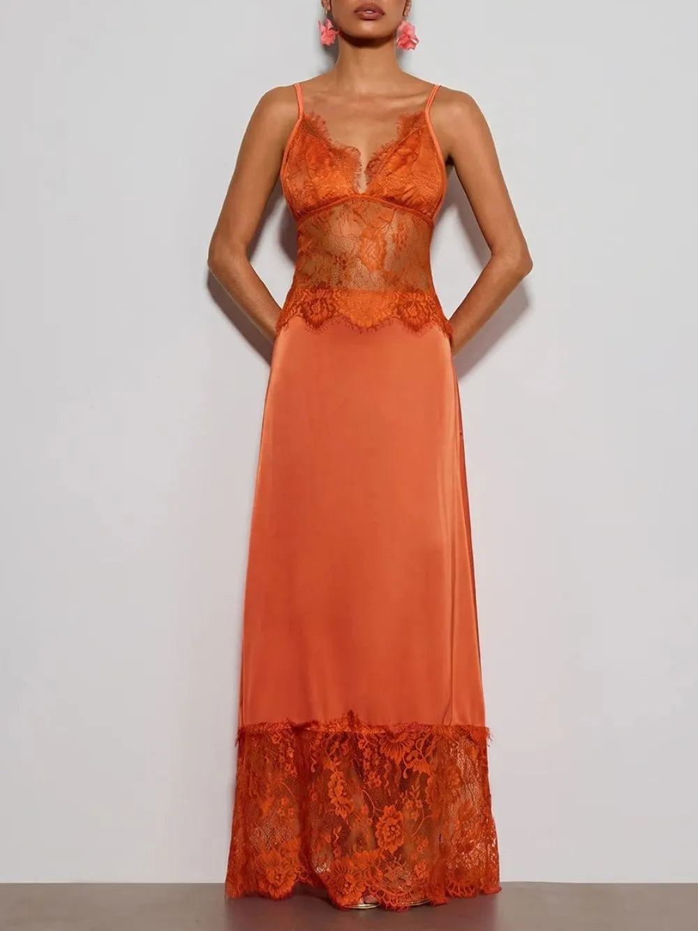 Erastes Spaghetti Lace Maxi Dress In Orange Flowering Girl