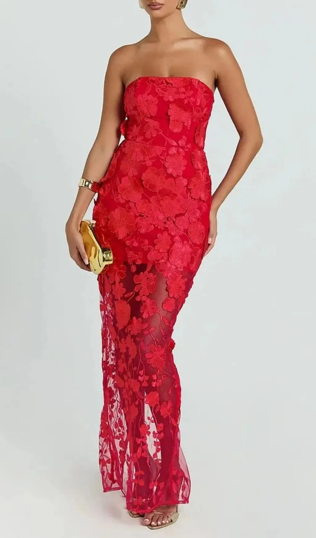 Strapless 3D Floral Mesh Maxi Dress Flowering Girl
