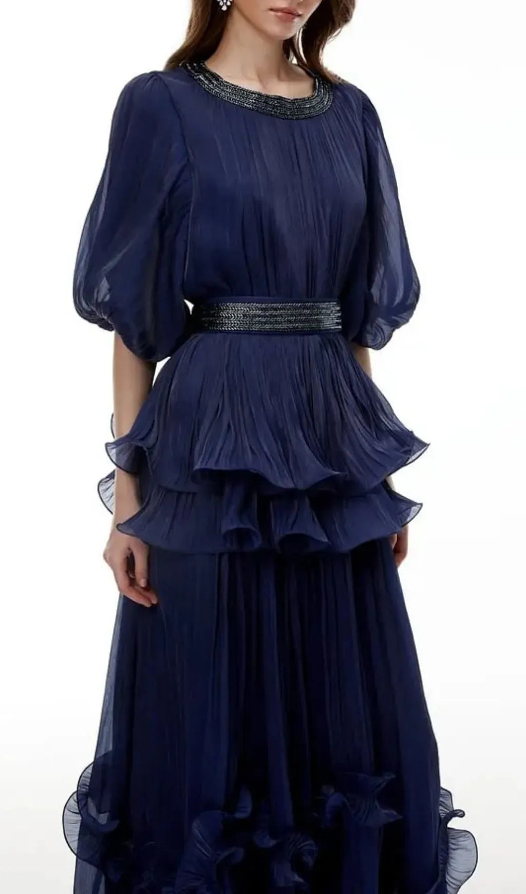 Lorraine Navy Blue Embellished Pleated Maxi Dress Flowering Girl