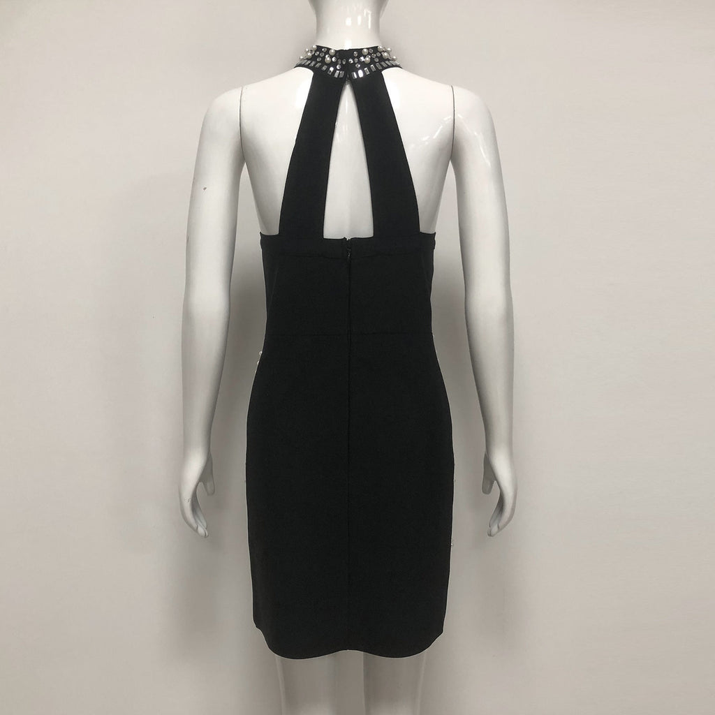 Nelly Pearl Rhinestone Halter Mini Dress In Black Flowering Girl