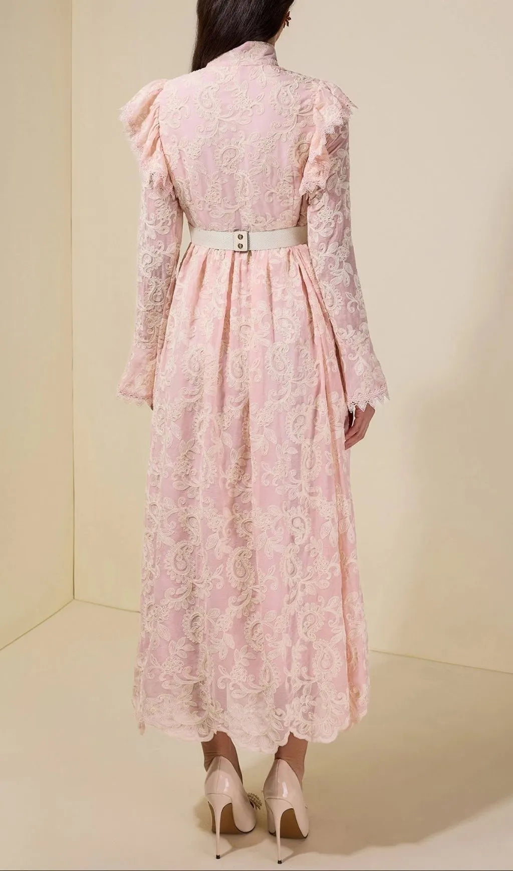 Alma Chiffon Embroidered Single Breasted Midi Dress With Belt - Pink Flowering Girl