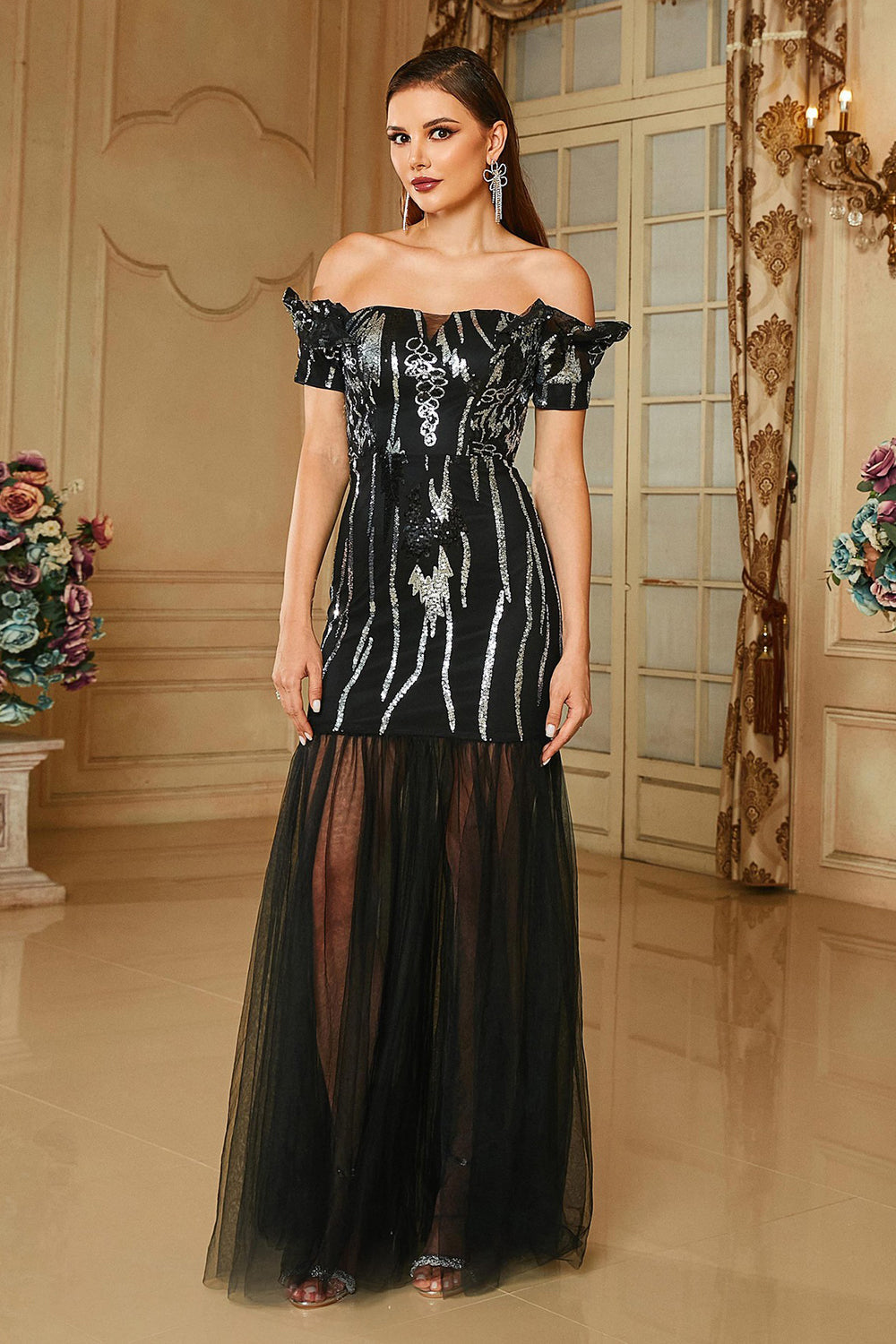 Bodycon Off The Shoulder Long Prom Dress In Black Flowering Girl