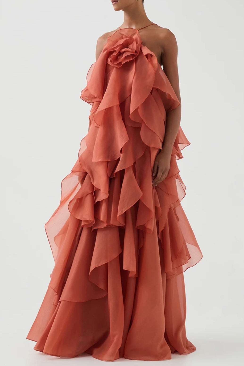 Off-Shoulder Ruffle Layered Maxi Dress In Coral Clay Flowering Girl