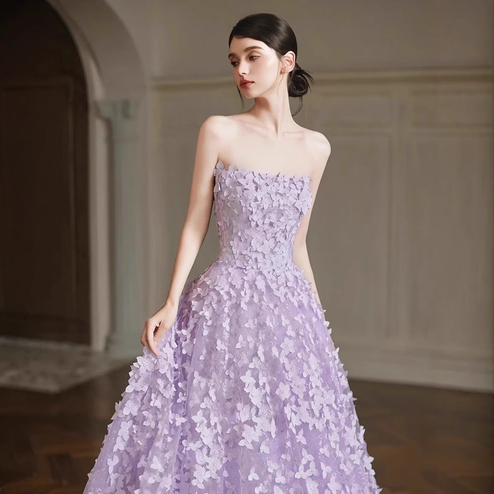 Arlene Floral Strapless Evening Gown - Purple Flowering Girl