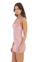 Virginia Sequin Halter Backless Mini Dress In Pink Flowering Girl