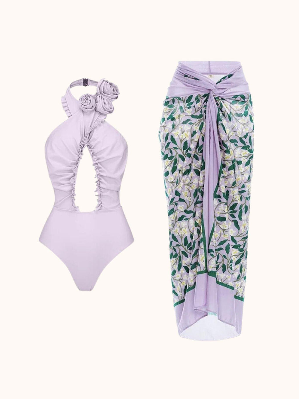 Cally Halterneck Swimwear Two Piece Set In Lilac Flowering Girl