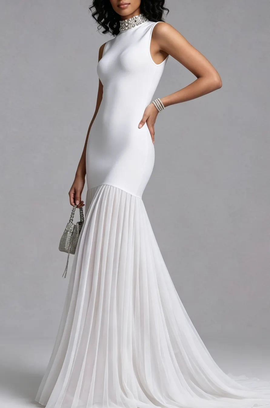 Rhinestone High Neck Sleeveless Bandage Chiffon Maxi Dress Flowering Girl