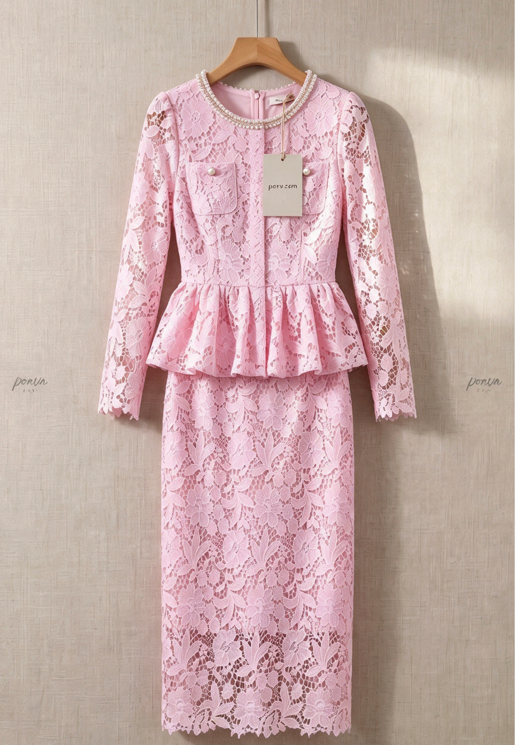 Light Pink Floral Lace Two-Piece Peplum Top and Midi Pencil Skirt Set Flowering Girl