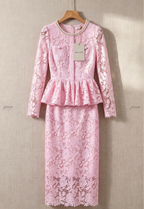 Light Pink Floral Lace Two-Piece Peplum Top and Midi Pencil Skirt Set Flowering Girl