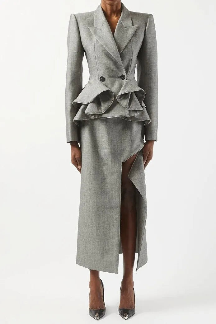 Pamely Peplum Ruffle Blazer - Grey Flowering Girl