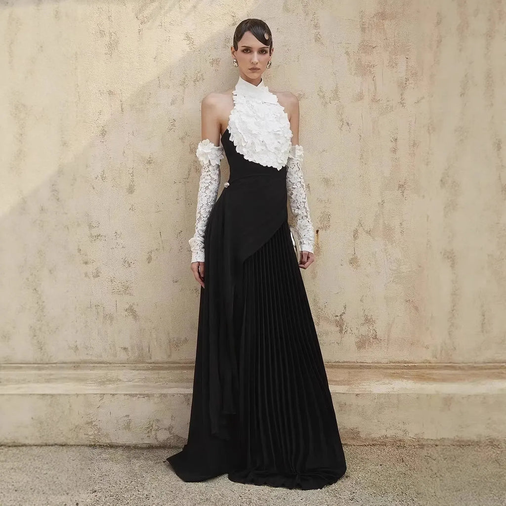 Jenny Halter-Neck 3d Flower Embroidery Backless Maxi Dress - Black Flowering Girl