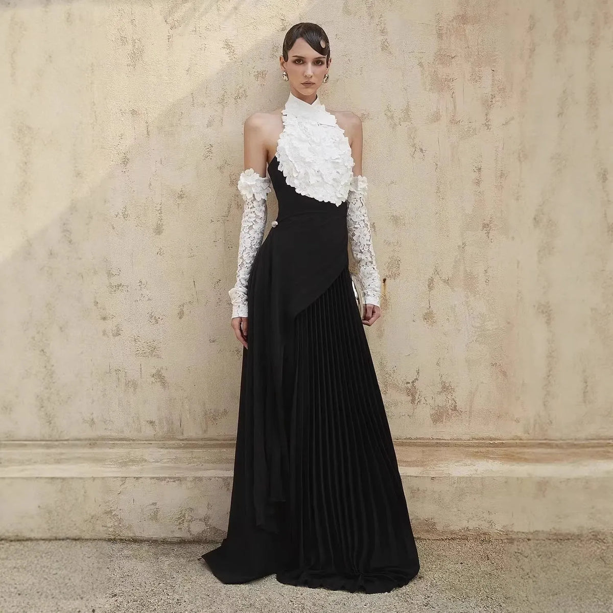 Jenny Halter-Neck 3d Flower Embroidery Backless Maxi Dress - Black Flowering Girl