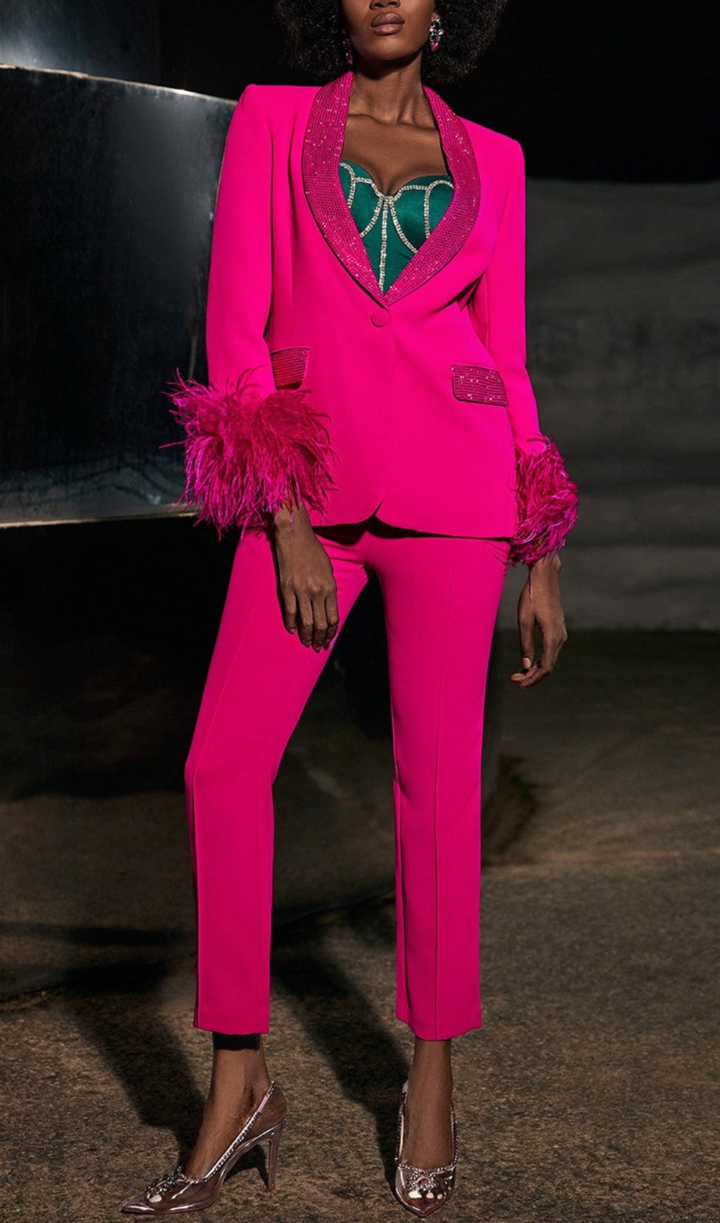 Rhinestone Feather Blazer In Pink Flowering Girl