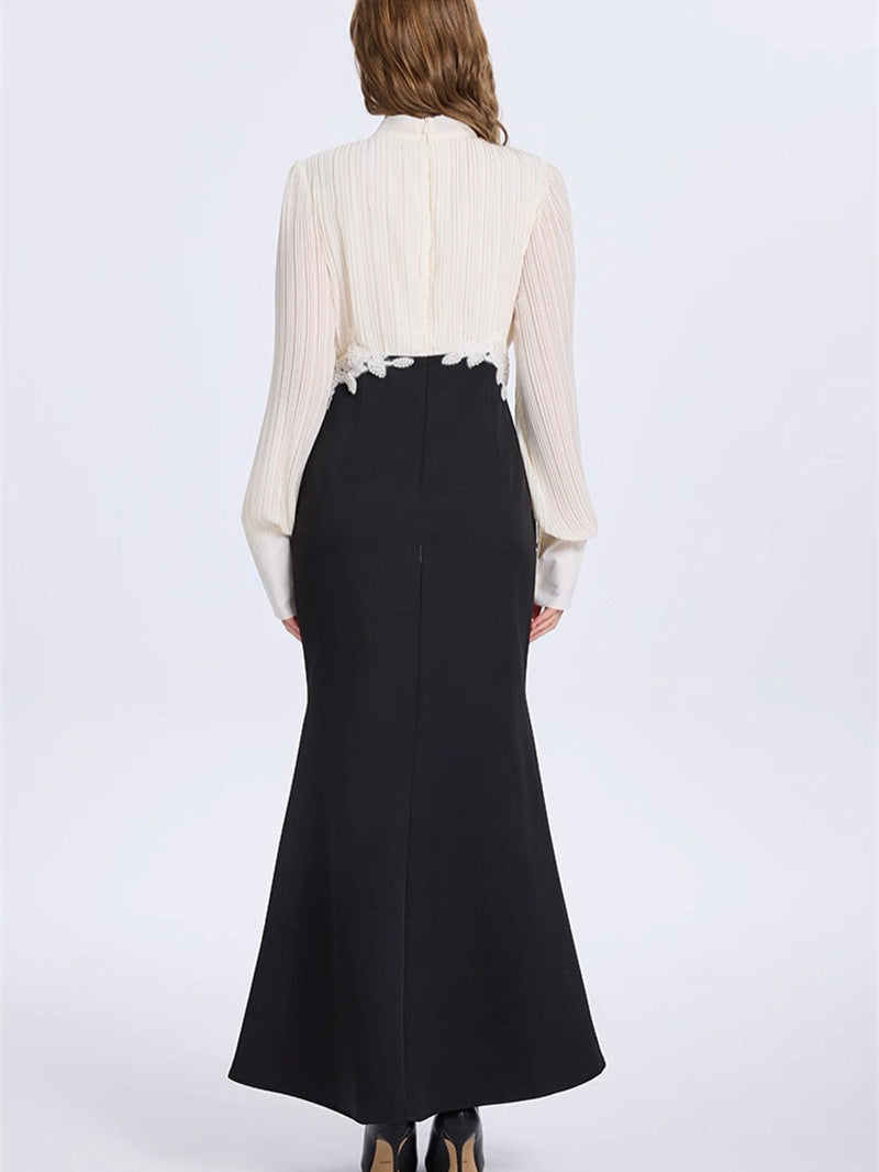 Carlin Balloon Sleeve Ruched Tie Up Midi Dress - White & Black Flowering Girl