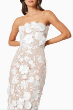 Helena Strapless Midi Dress In White Flowering Girl