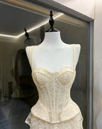 Ivory Wide Strap Lace Corset Peplum Top & Tiered High Low Lace Skirt Set Flowering Girl