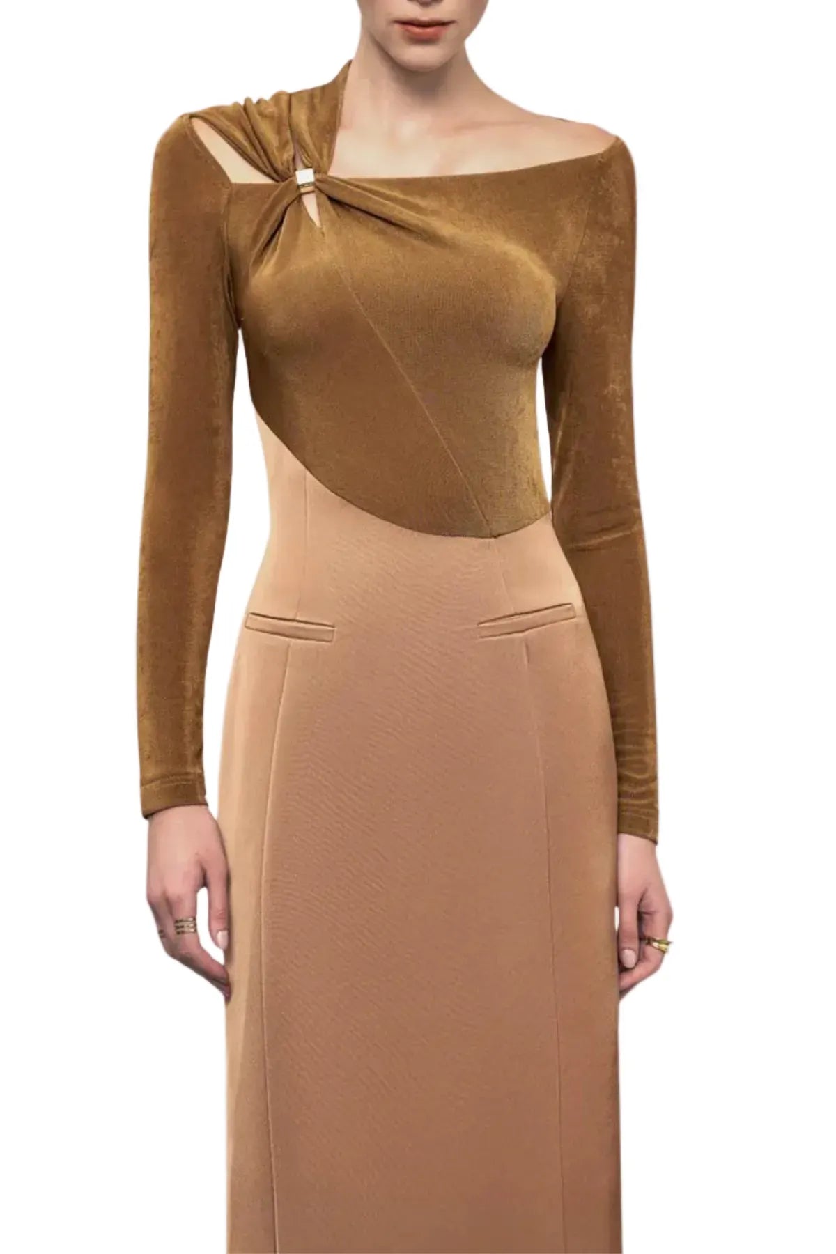 Samaro Asymmetric Cutout Panel Midi Dress - Brown Flowering Girl
