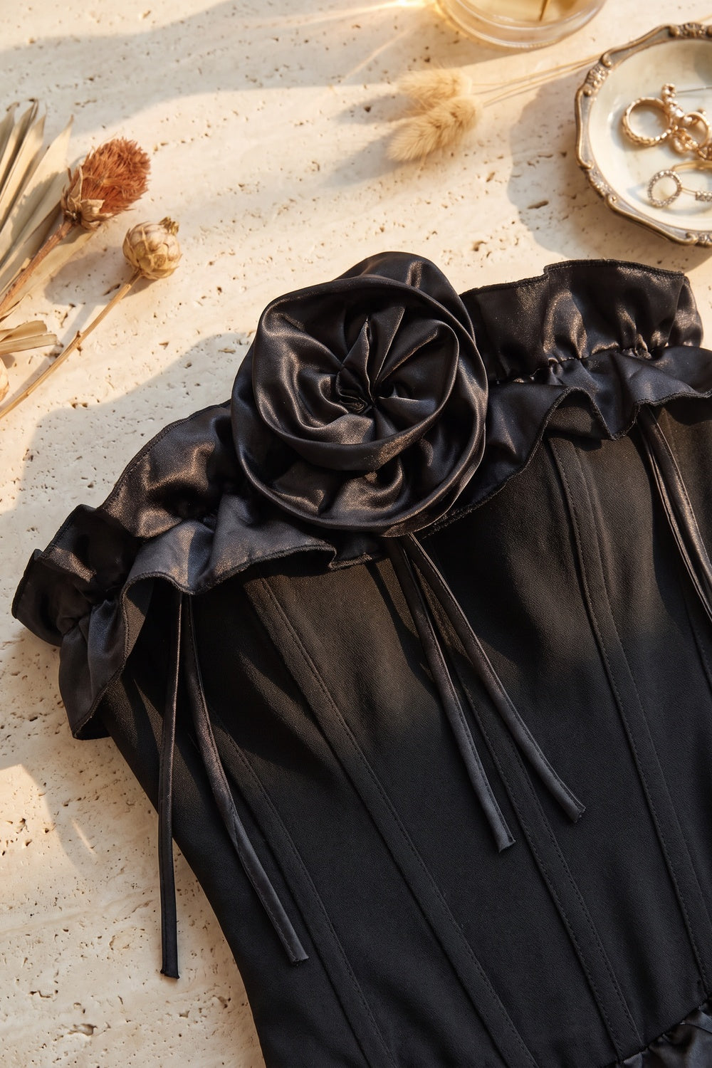 Black Structured Matte Crepe Fitted Corset with Voluminous Satin Bow Mini Skirt Two-Piece Set Flowering Girl
