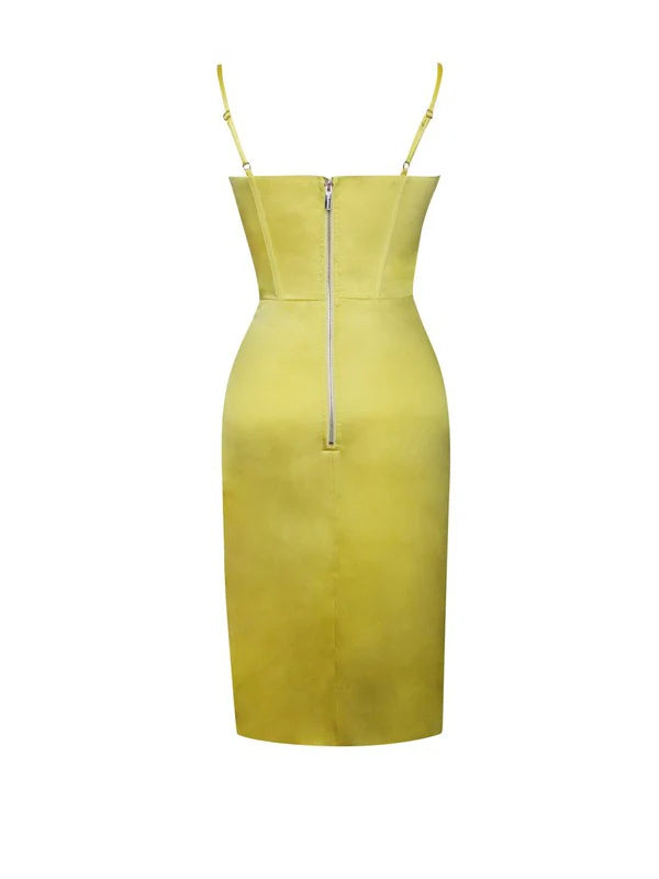 Lemon Yellow Pleated Satin Mini Dress Flowering Girl