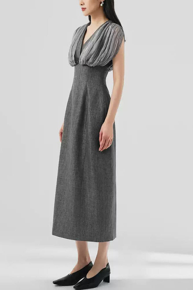 Mesh Stitching Sleeveless Midi Dress In Grey Flowering Girl