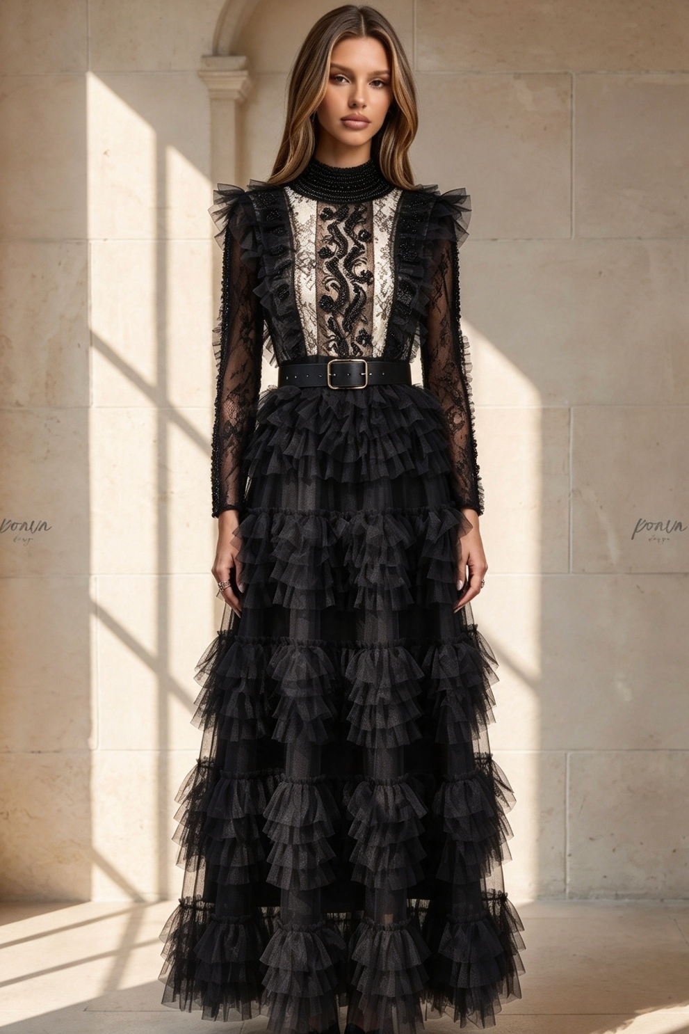 Black Tulle A-line Tiered Maxi Dress Flowering Girl