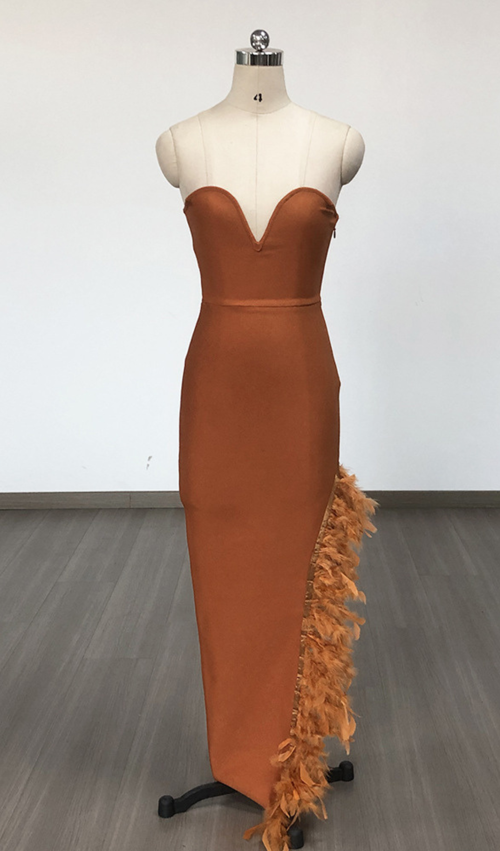 Ostrich Feather Bandage Dress With V-Neckline In Brown Flowering Girl
