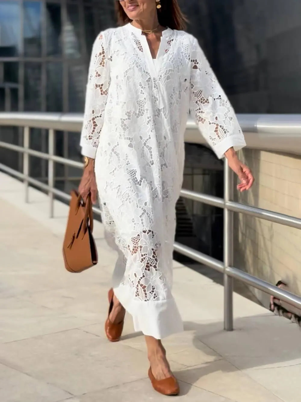 Flower Lace V-Neck Bell Sleeve Loose Midi Dress Flowering Girl