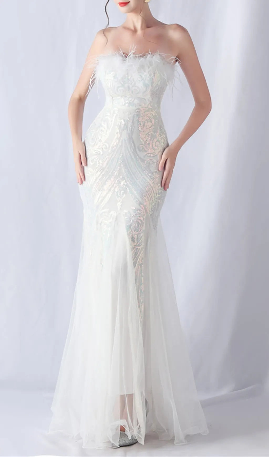 Choire White Sequin Feather Maxi Dress Flowering Girl