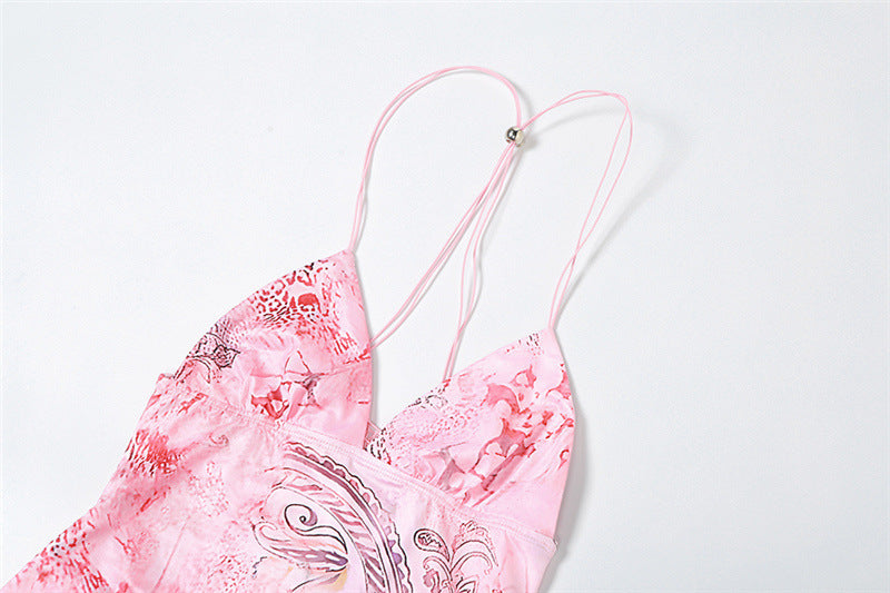 Printed Strappy Butterfly Backless Plunge Sheath Slip Maxi Dress Flowering Girl