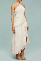 Alva Sleeveless Folds Slit Maxi Dress In Light White Flowering Girl