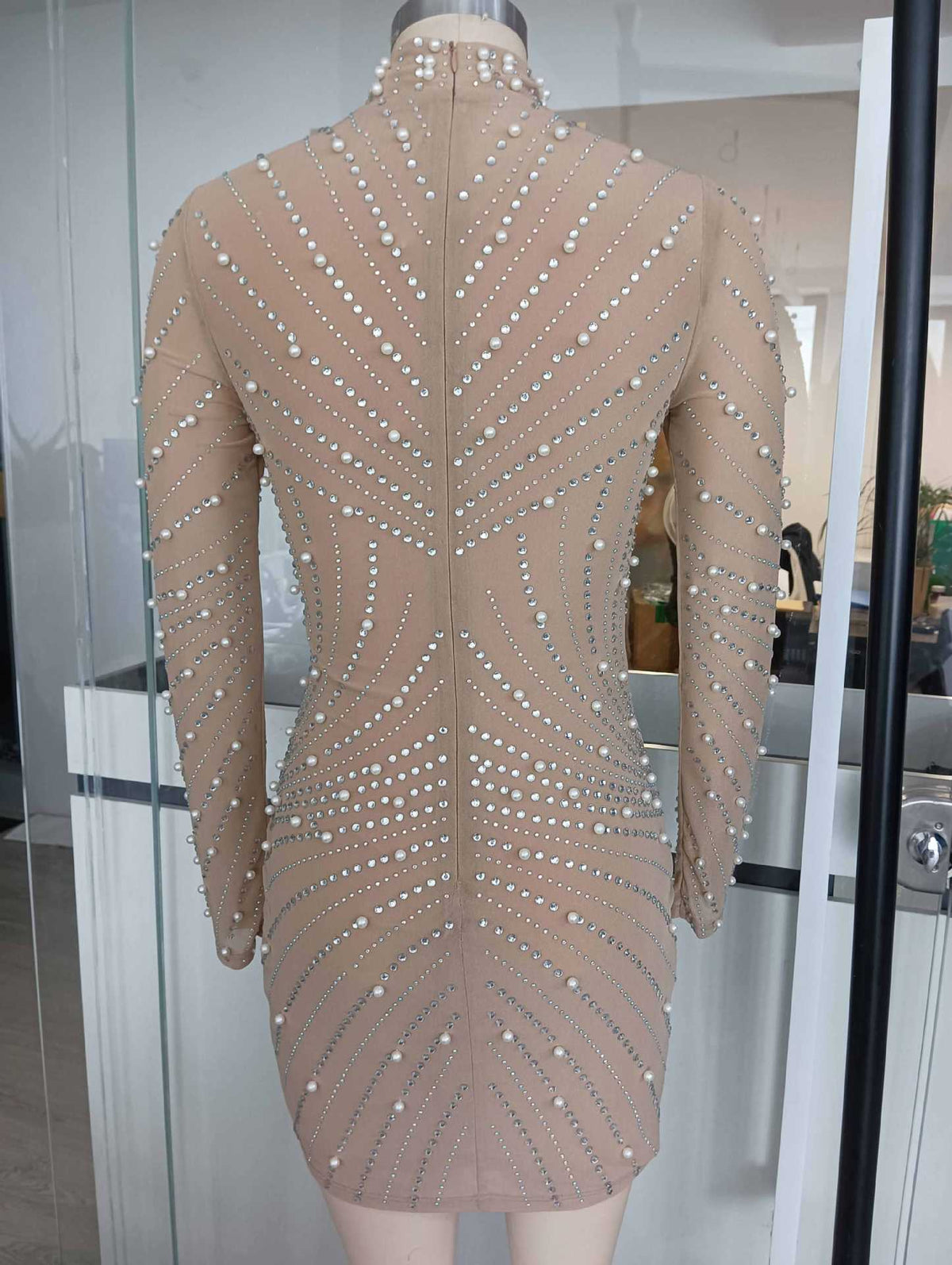 Khaki Tassel Rhinestone Mesh Pearl Hip-Wrap Mini Dress Flowering Girl