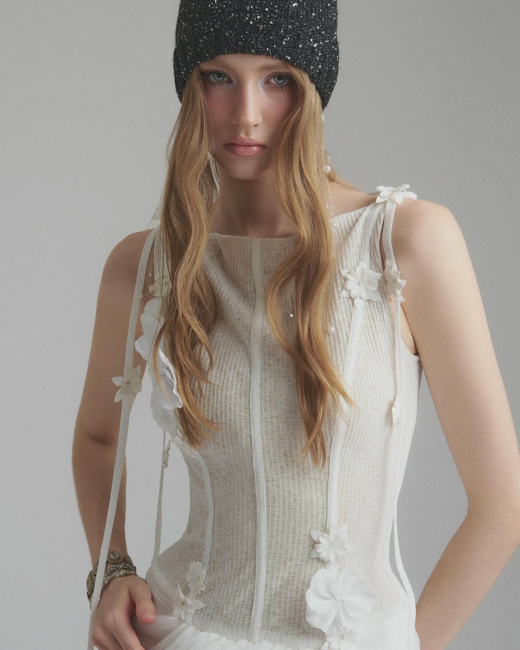 flower embellished puff hem slim mini dress in white Flowering Girl