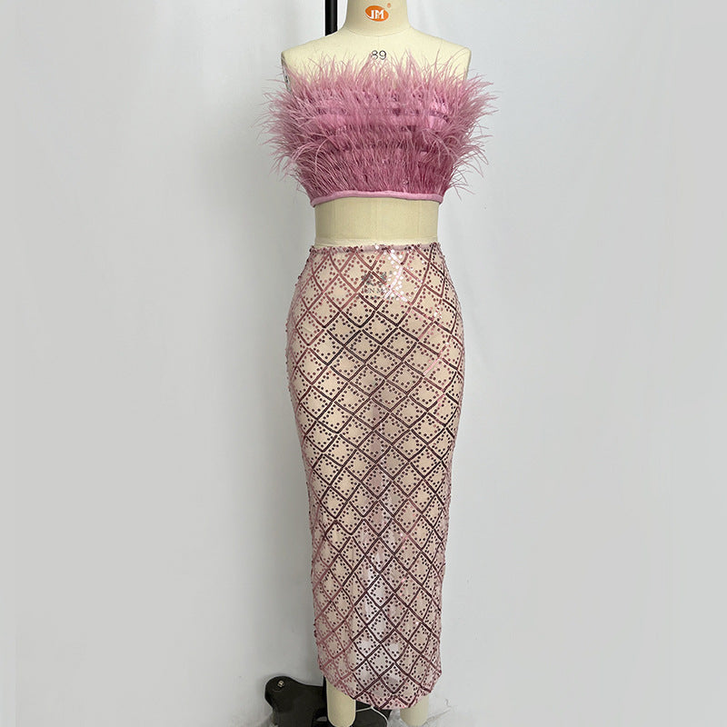 Audrey Pink Feather Top Sequin Midi Skirt Set Flowering Girl