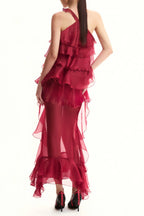 Bedelia Floral Halter Chiffon Ruffle Midi Dress Flowering Girl