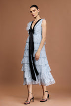 V-Neck Sleeveless Bowknot Folds Dot Printed Midi Dress Flowering Girl