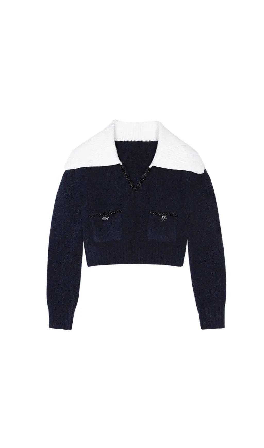 NAVY SOFT KNIT COLLAR TOP Flowering Girl