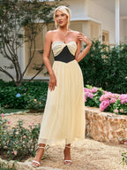 Olga Hepburn Sleeveless Strapless Backless Ruched Bandeau Midi Dress Flowering Girl