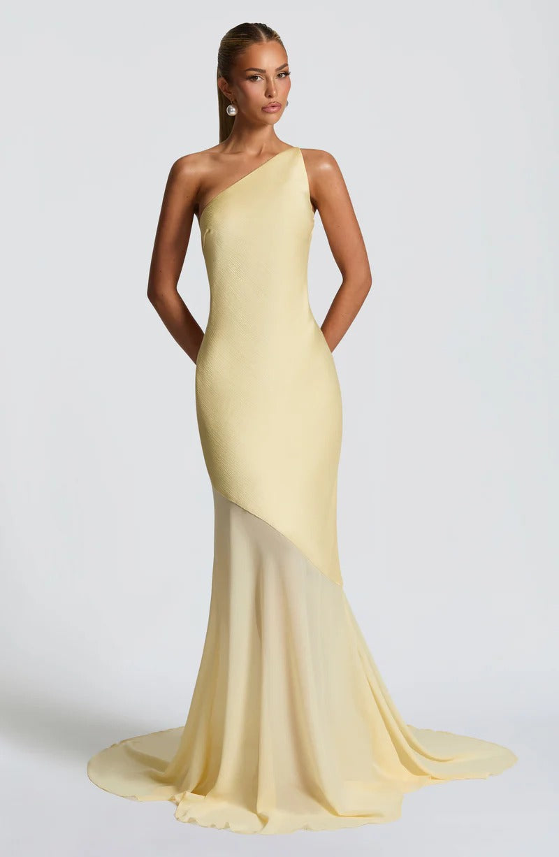 Lace-Up Beveled Back Satin Maxi Dress In Lemon Yellow Flowering Girl