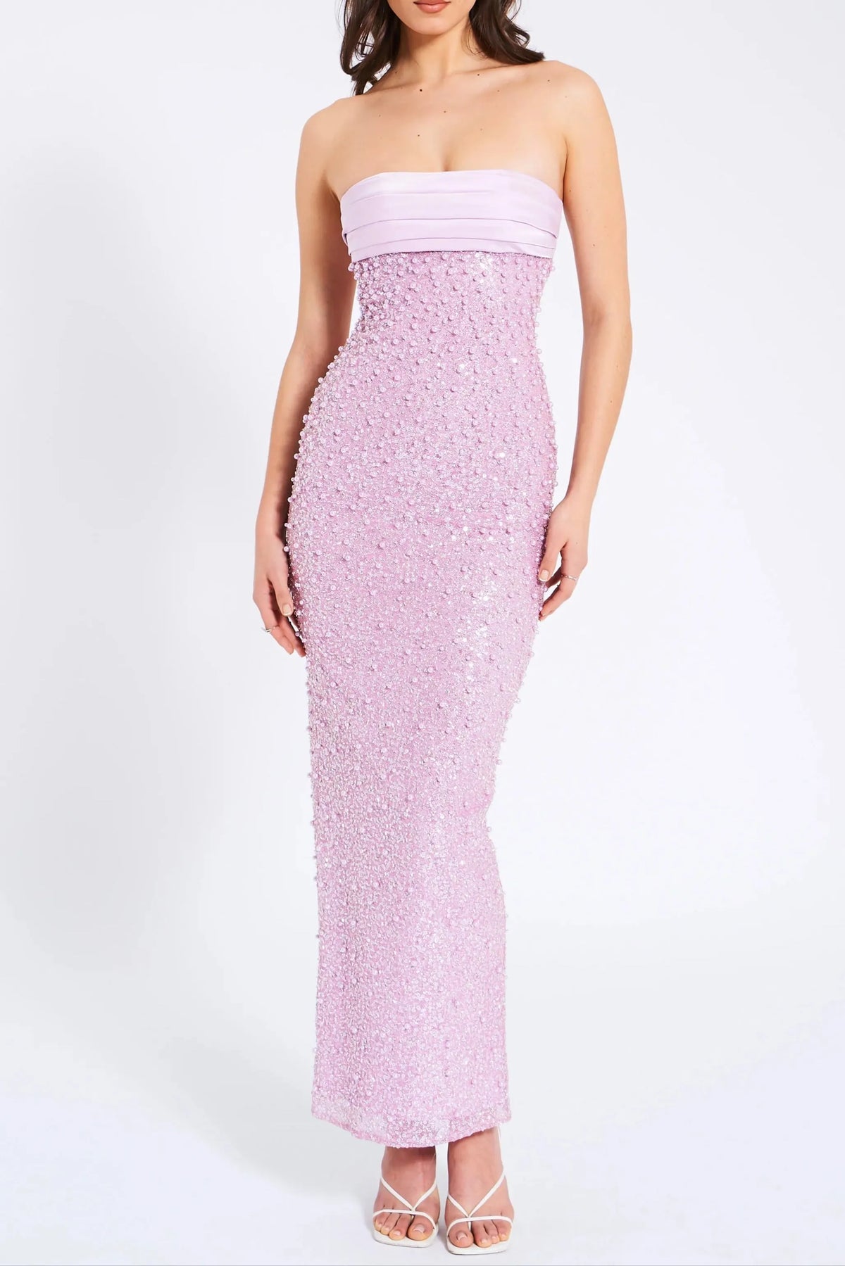 Pink Satin Sequin Pearls Beaded Maxi Dress Flowering Girl