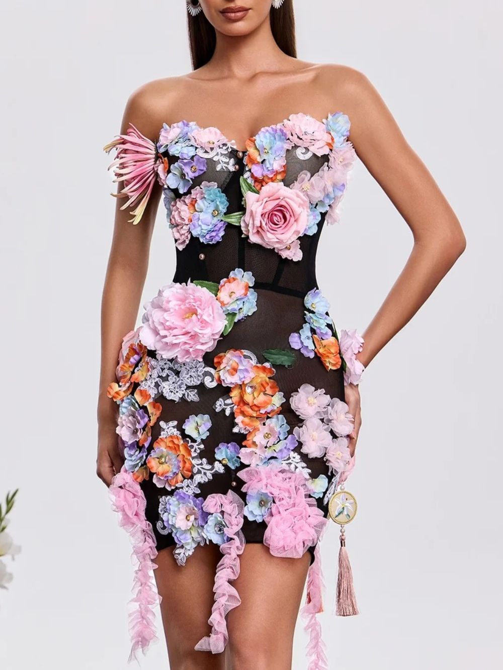 Jaldex Strapless Flower Mini Dress In Black Flowering Girl