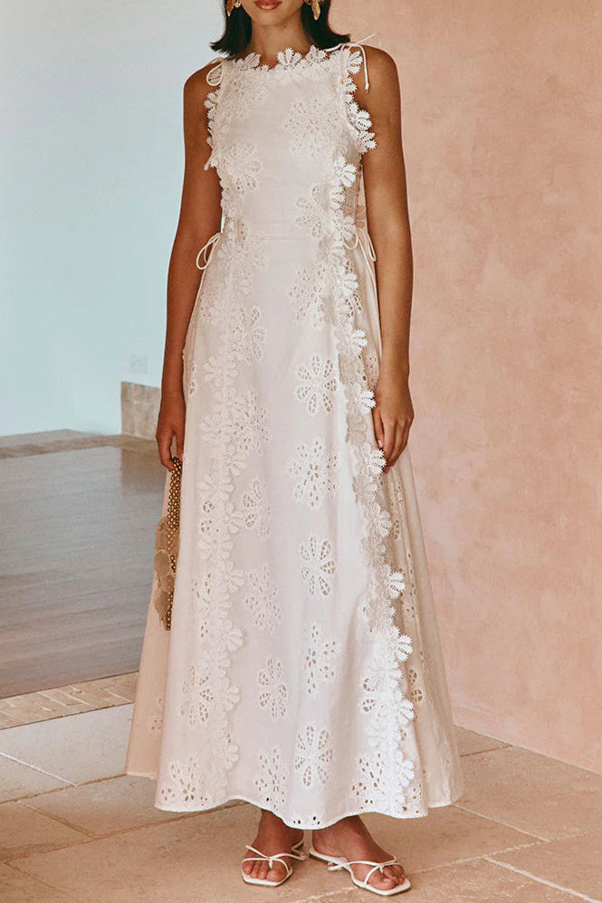 Lace Trim Embroidery Hollow Midi Dress In White Flowering Girl