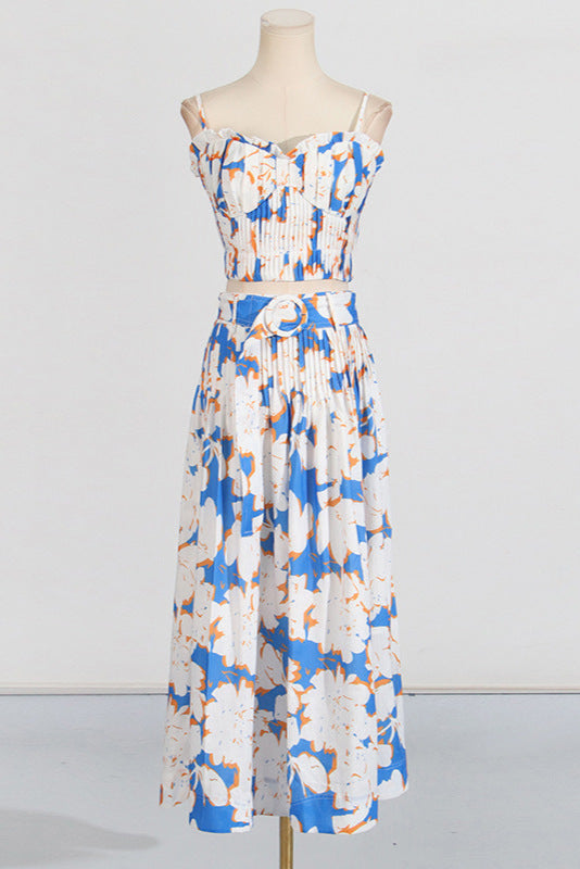 Pleated Floral-Print Linen Bustier Top Skirt Set In Blue Flowering Girl