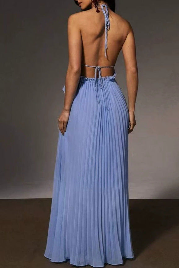 Halter Neck Pleated Maxi Dress Flowering Girl