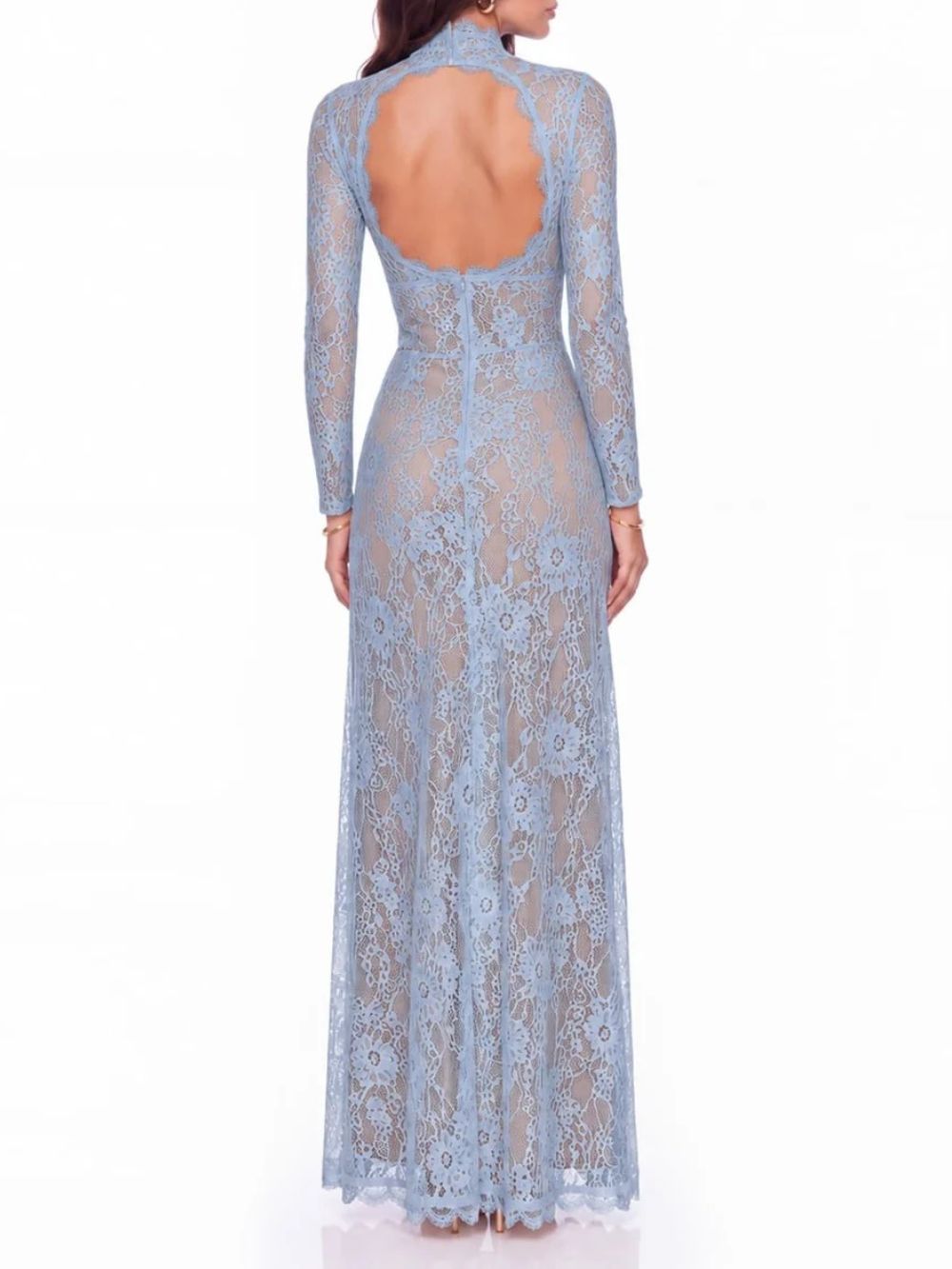 Mareike Long Sleeve Lace Split Maxi Dress In Blue Flowering Girl