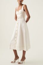 Sweetheart Neckline Belted Midi Dress In Ivory Flowering Girl