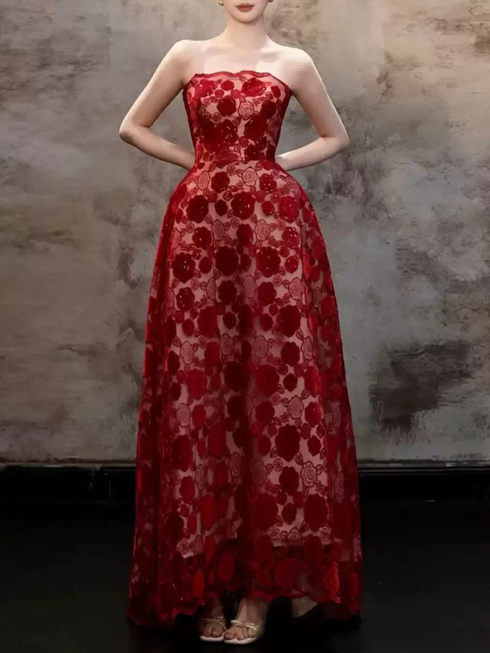 MyAnna Red Strapless Floral Maxi Dress